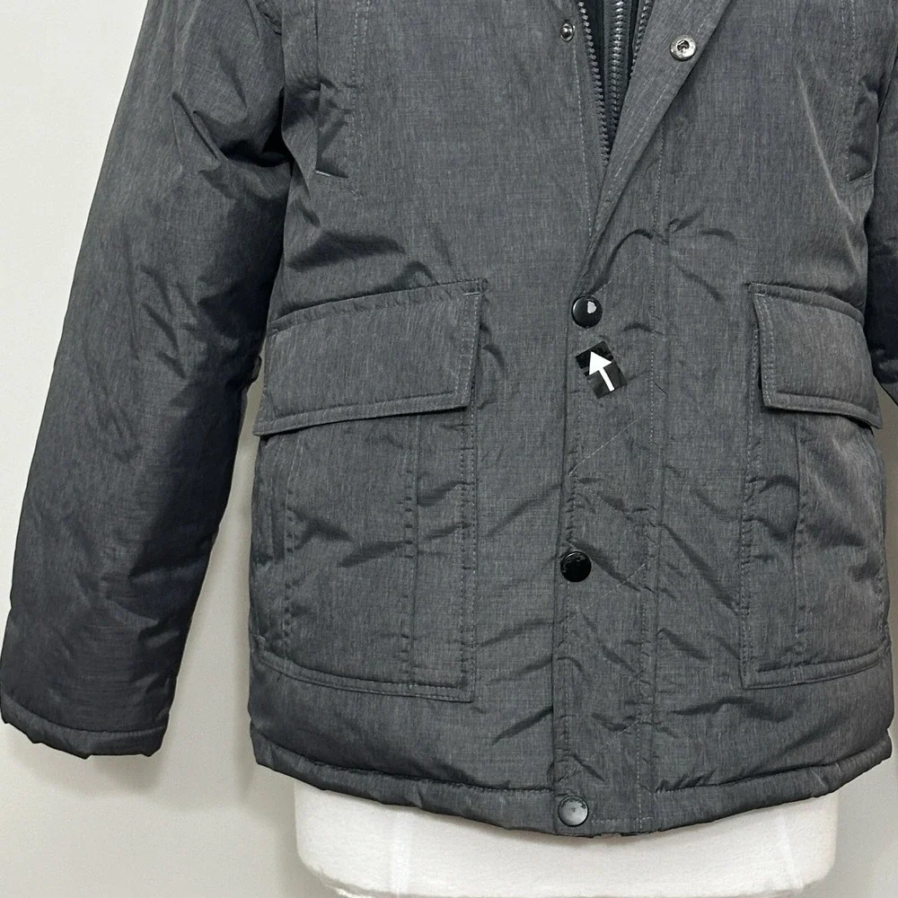 English Laundry Womens Jacket L Charcoal Gray Puffer Hooded Faux Fur Parka READ